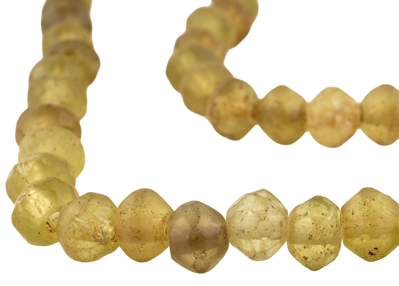 The Bead Chest Antique Yellow Vaseline Beads 15mm Ethiopia African Bicone Glass Large Hole 26-28 Inch Strand Handmade